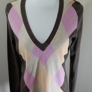Brown Pink Argyle Sweater Sz Med